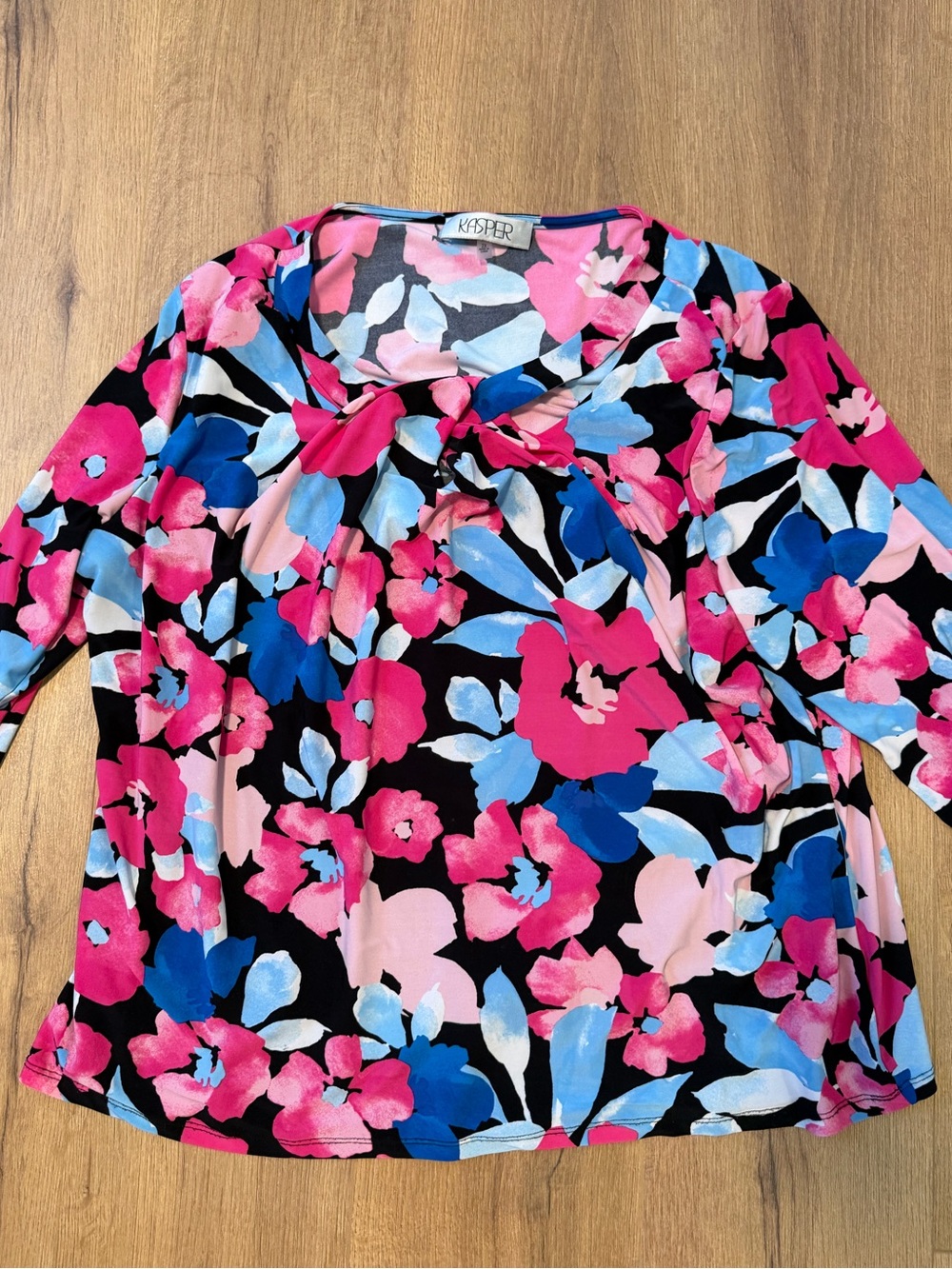 Kasper Black Floral Tie-Neck Blouse with Pink & Blue Accents